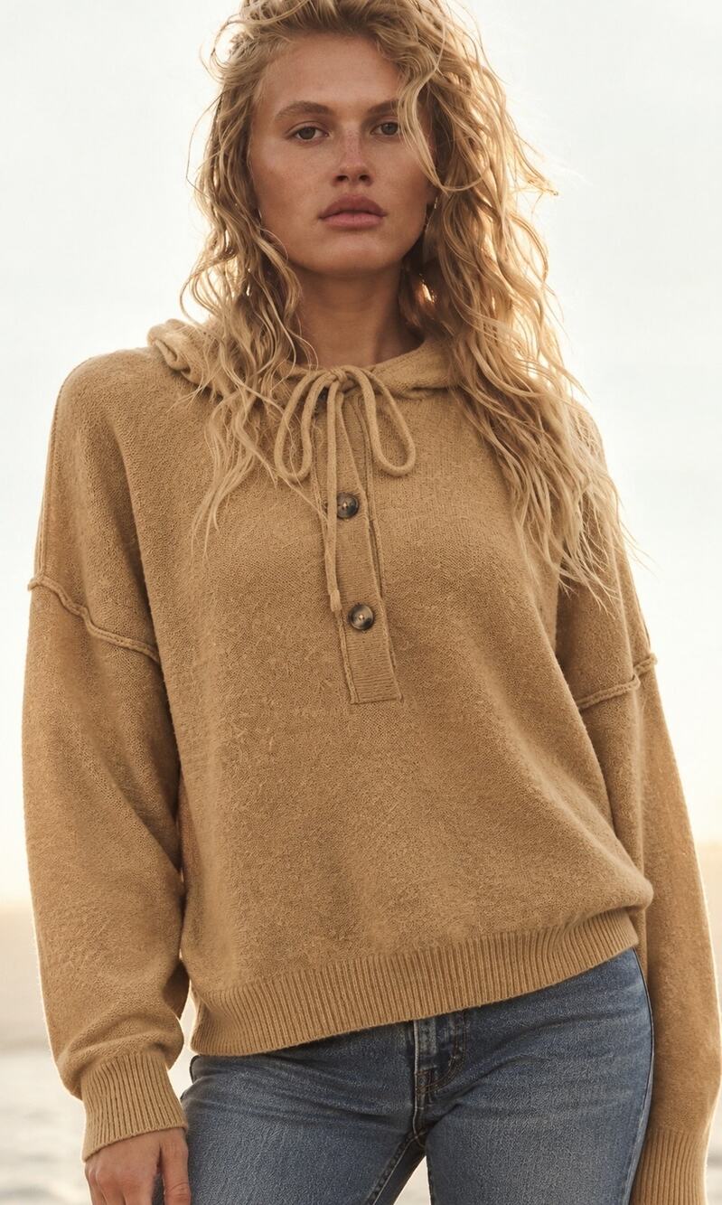 Free People Large Praline Cozy Henley Hoodie Sweater Camel Brown Knit Boho